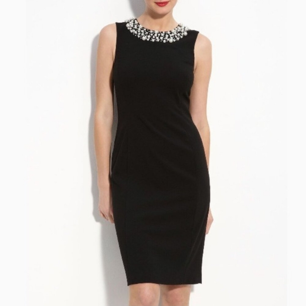 Calvin Klein Crepe Pearl Neckline Sleeveless Sheath Black Dress.